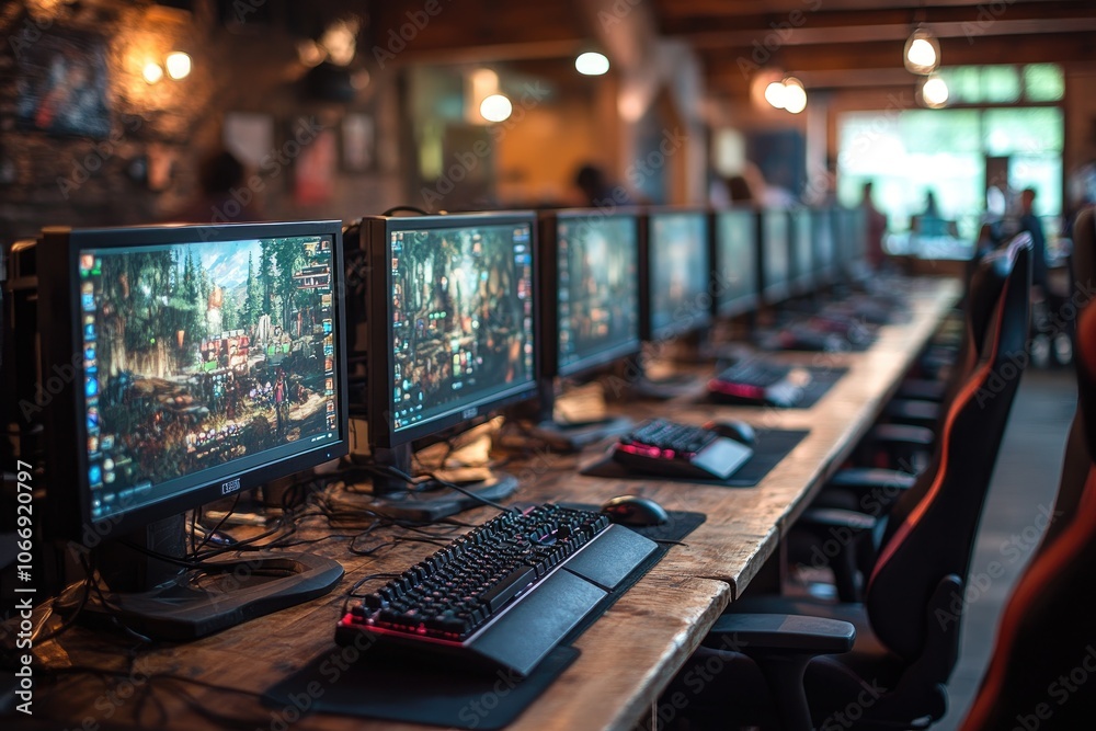 Poster a row of computers with a lit-up keyboard in a dimly lit gaming room