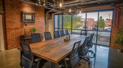 Modern Conference Room with Natural Light and Rustic Design
