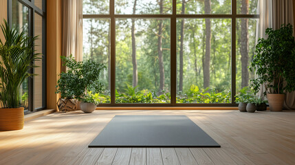 An open living room with large windows, where a yoga mat is laid out on a light wooden floor