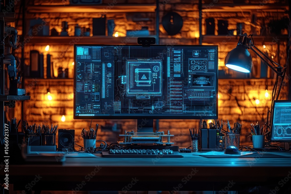 Aufkleber A Hacker's Workstation with a Blue-Tinted Computer Monitor Displaying Code