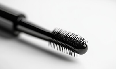 3D mascara tube with a brush dipped in black, ready for application, sleek and detailed