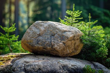 A Single Boulder Resting on a Larger Rock in a Forest Setting