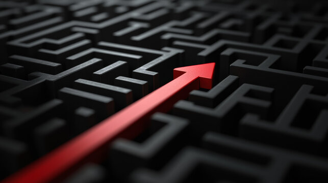 Red Arrow Leading Through Complex Black Maze