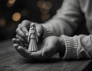 a black and white photo of a person holding a figurine of three kings on blurred bokeh background
