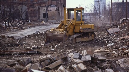 Fototapeta premium A bulldozer pushing through the rubble and debris of a demolished building preparing the site for new construction.