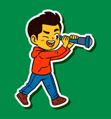 Kid Playing Binocular Doodle Sticker Illustration