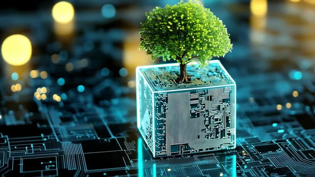 A small tree grows out of a cube with circuit board patterns, symbolizing the intersection of nature and technology