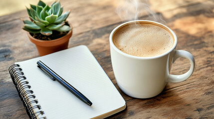 white mug of coffee with steam and open journal with a pen with a small succulent plant