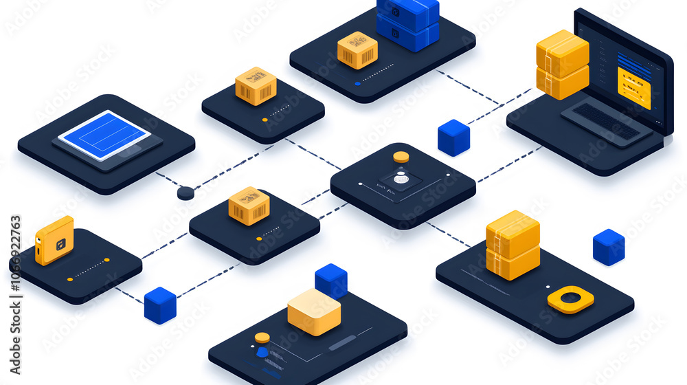 Aufkleber A colorful digital illustration displaying interconnected blocks and icons representing data flow and system connections in a modern technological environment.
