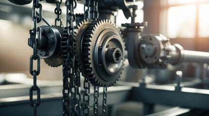 Fototapeta premium Industrial gears and chains in motion, showcasing mechanical components in a factory setting