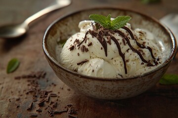 A bowl of creamy vanilla ice cream with fresh mint leaves and a drizzle of chocolate sauce, Rustic wooden table, a silver spoon, and chocolate shavings scattered around, Rustic, warm, generative ai