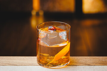 Classic old fashioned cocktail on the bar counter. Without people