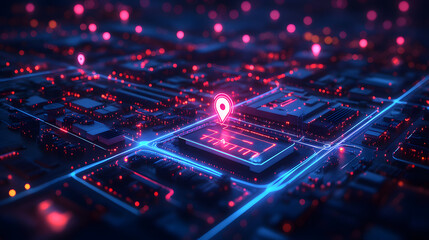 Obraz premium A vibrant, digital map abstract with glowing points and lines, representing connectivity and navigation technology.