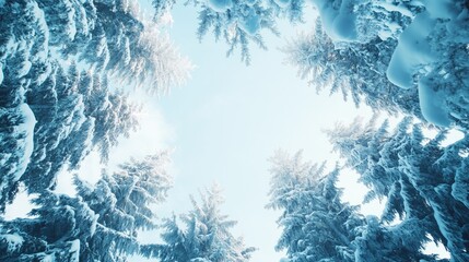 Obraz premium View from below of snow-covered fir trees tops with blue sky upon them