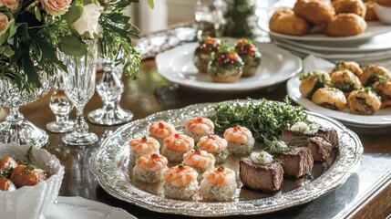 Elegant Table Setting with Gourmet Seafood and Appetizers