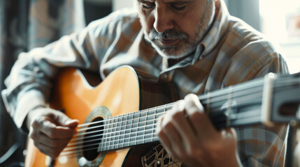 Mature man playing acoustic guitar indoors with focused expression