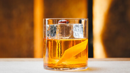 Classic old fashioned cocktail on the bar counter. Without people