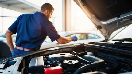 Mechanic inspecting engine under hood in automotive shop, wearing blue uniform
