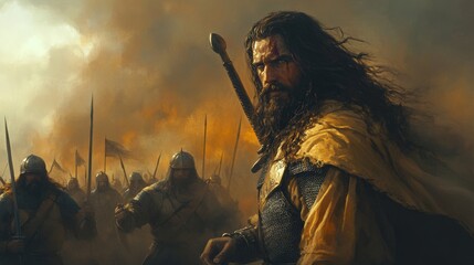 Medieval warrior king leading his army into battle