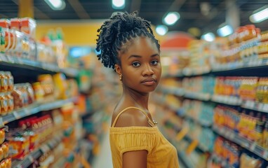 Portrait of black woman with curly hair wearing yellow top doing shopping in grocery store standing in the aisle, looking over the shoulder, supermarket African American female customer doing chores