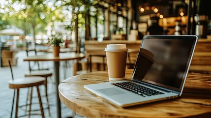 Cozy Cafe Scene with Laptop and Coffee Cup