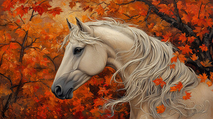 A majestic white horse stands amidst vibrant autumn foliage, with orange and red leaves creating a stunning background.