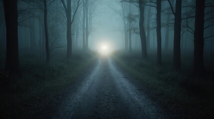 Naklejka premium Mysterious foggy forest road illuminated by distant light, surrounded by tall trees