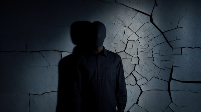 Dark figure with faceless mask stands against cracked wall, shadows creating eerie atmosphere