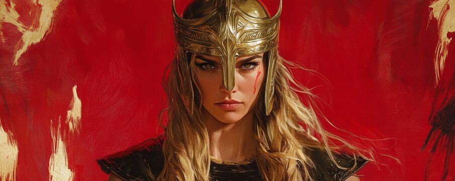 Portrait of majestic amazon warrior queen wearing golden helmet and armor