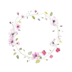 Fototapeta premium Spring floral frame with abstract decorative branches with delicate flowers and leaves. Watercolor isolated wreath with design elements for poster, banner, invitation or greeting cards.