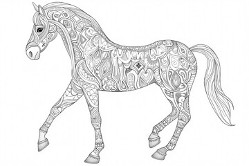 A beautifully detailed line art of a horse featuring intricate patterns and designs, perfect for coloring enthusiasts.