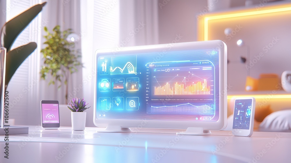Poster a vibrant visualization of an iot dashboard displaying real-time data from various smart devices in 