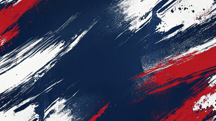 A bold abstract design featuring red, white, and navy blue brush strokes, creating a dynamic and vibrant background with a textured artistic feel.