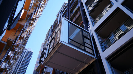 A modular container unit, equipped with windows and balcony rails, being carefully slotted into a high-rise apartment structure amidst other surrounding buildings.