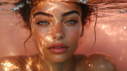 Beautiful woman with glittering makeup posing underwater in a pool