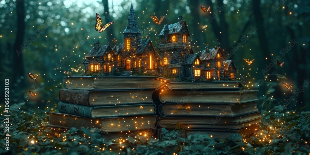 Aufkleber Enchanting Miniature Castle Resting on a Stack of Old Books Surrounded by Fireflies and Butterflies in a Lush Forest Setting