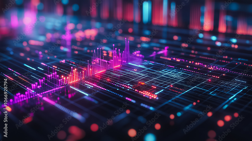 Poster a colorful image of a computer screen with many lines and dots. the image is abstract and has a futu