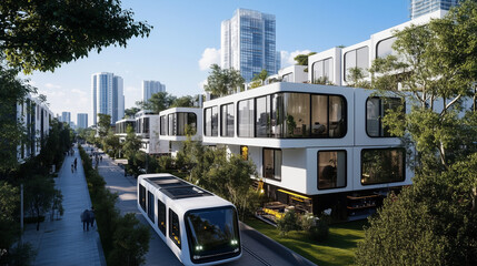 Obraz premium Urban installation scene showing multiple modular units with sustainable features being placed into a modern high-rise apartment.