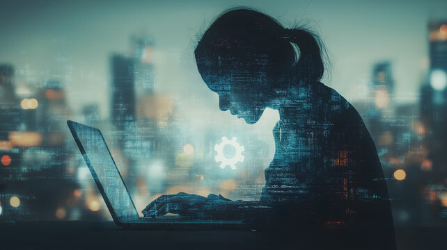 A woman is sitting at a desk with a laptop open. The laptop screen is filled with a cityscape and a gear icon. The woman is typing on the laptop, possibly working or browsing the internet - Powered by Adobe