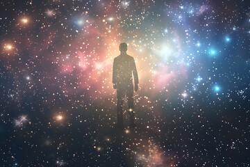 Silhouette of a figure standing amidst a vibrant cosmic backdrop filled with stars and colorful nebulae, evoking a sense of wonder.