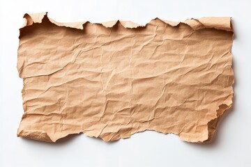 Crumpled brown paper sheet with torn edges, isolated on white background.