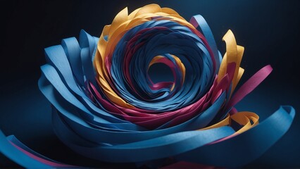 Colorful swirling paper ribbons in vibrant blue, pink, and yellow for art and design concept
