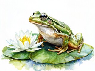 Detailed watercolor illustration of a green frog sitting on a lily pad beside a blooming white lotus flower, against a white background.