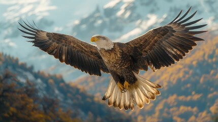 Obraz premium Bald eagle with wings spread wide against snowy mountain