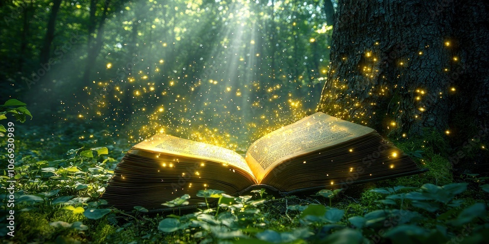 Aufkleber an open book with glowing dust in a forest