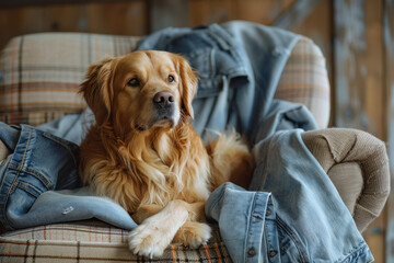 Golden Retriever resting on a plaid armchair covered with a denim shirt, adding a warm and homey feel to a rustic indoor space.