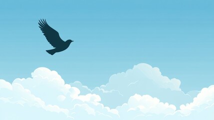 Silhouette of bird soaring above fluffy white clouds in bright blue sky symbolizing freedom and serenity on blue monday