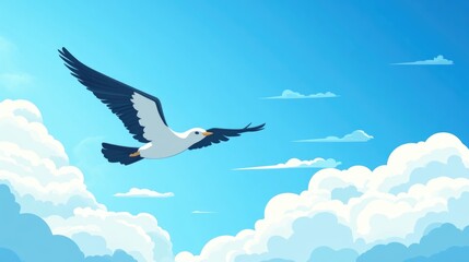 Obraz premium Seagull soaring in clear blue sky above fluffy clouds, serene scene on blue monday, capturing calm and freedom