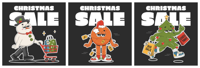 Christmas sale square background designs in cartoon groovy style. Christmas tree, snowman, tangerine characters. Template for social media posts, posters, prints, websites, email, advertisement. 