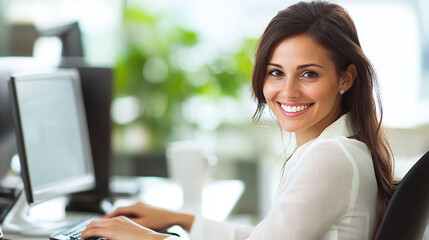 Obraz premium Smiling woman sitting at her desk in a bright office, exuding friendliness and professionalism, ideal for business, office, and productivity themes.